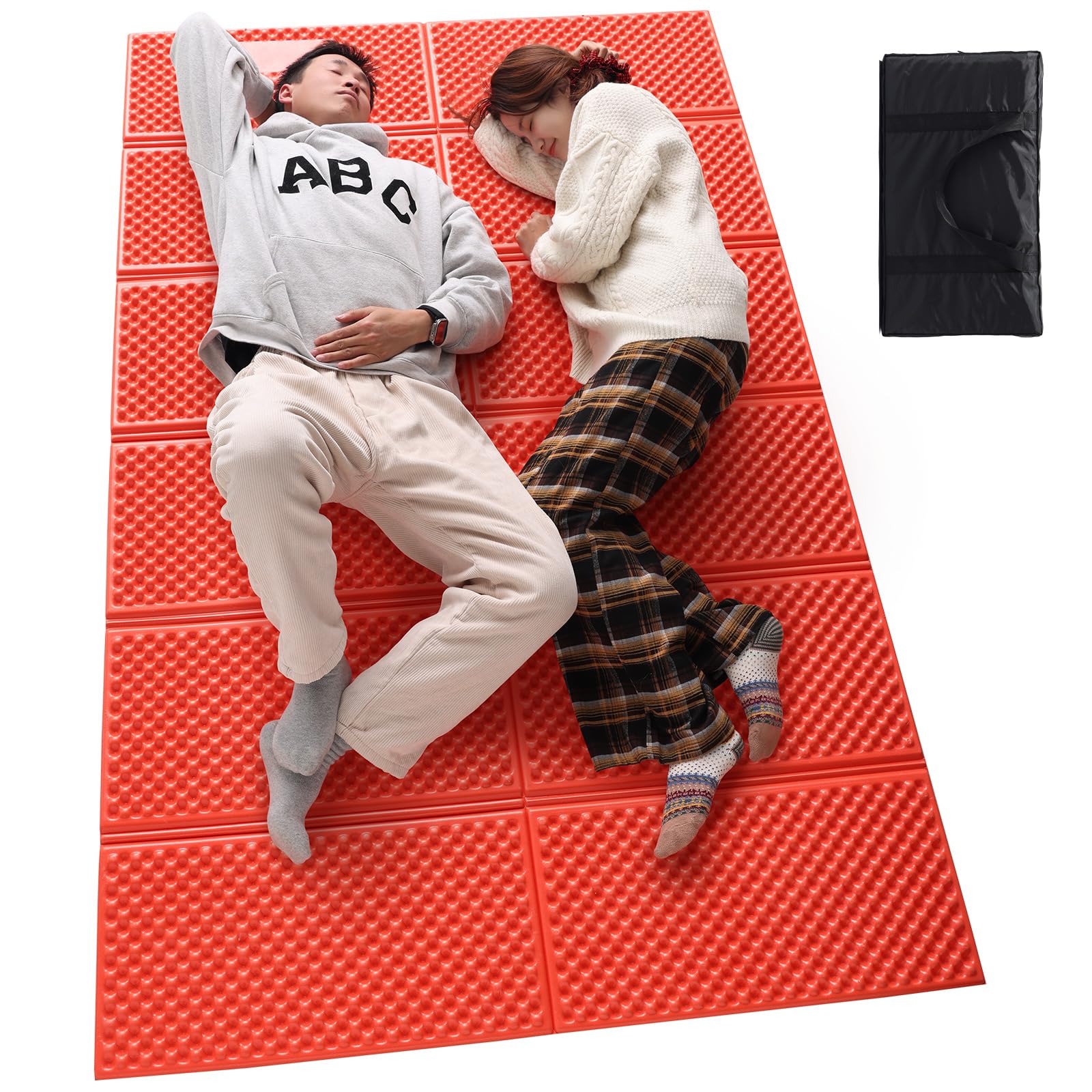 StableEase orange 2-person pad folded accordion saves space for camping gear.