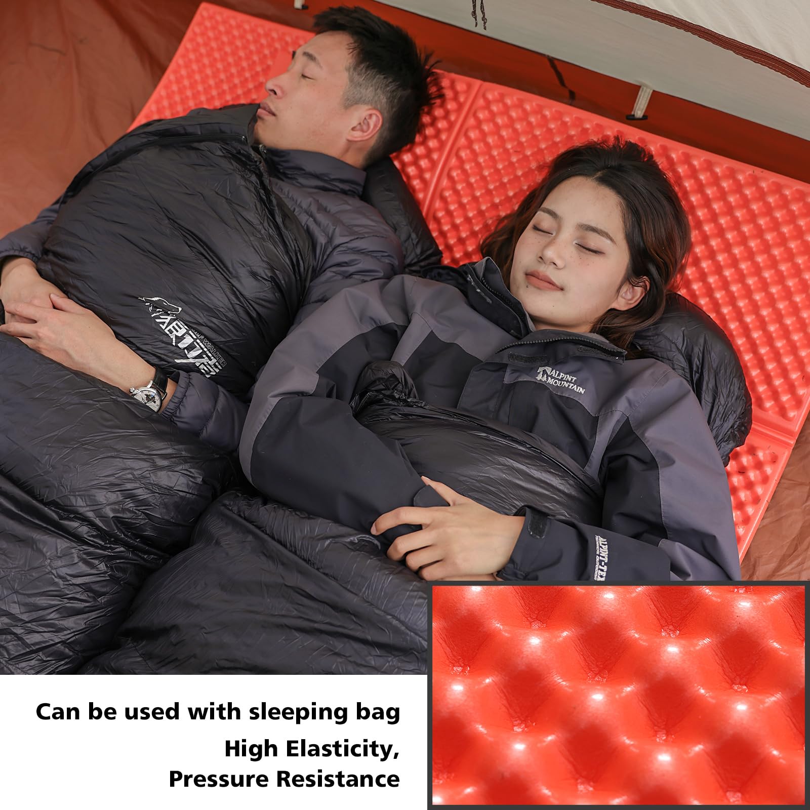 StableEase orange 2-person sleeping pad unfolded reveals a spacious sleeping area for two campers.