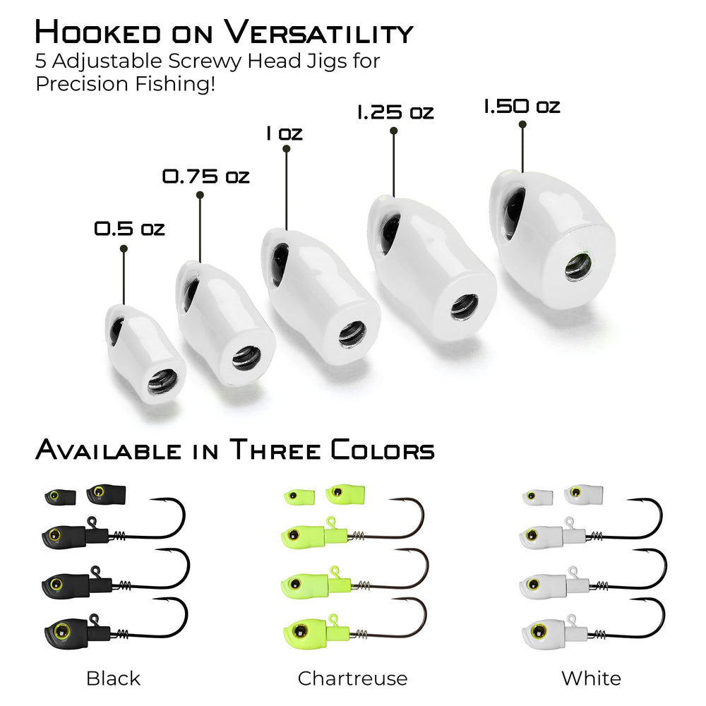 Stack Tackle five-weight jig heads enable precise topwater and deep-water targeting.