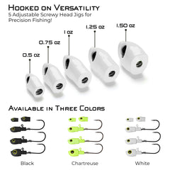 Stack Tackle five-weight jig heads enable precise topwater and deep-water targeting.