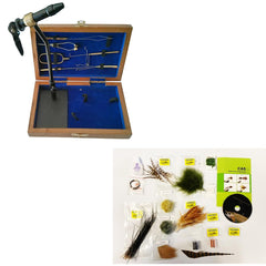 Standard Fly Tying Kit tools-layout shows essential pliers, bobbins, and scissors for versatility.