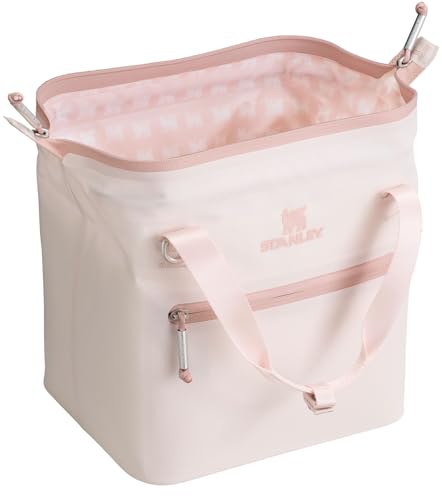 Stanley All Day Julienne Mini Cooler Rose Quartz open hinge shows quick access for grab-and-go lunches.