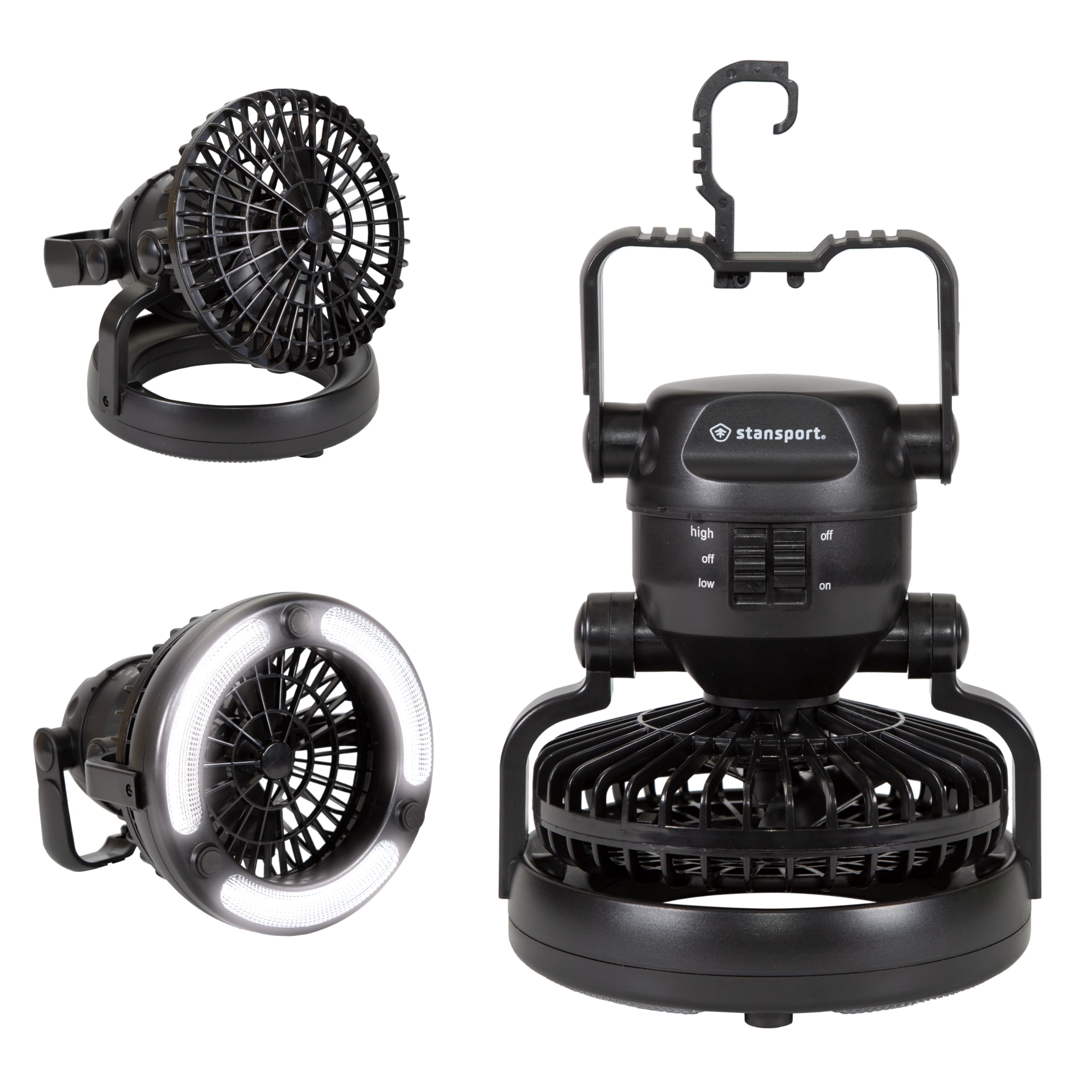 Stansport 450 lantern with fan front view, bright LEDs for tent lighting