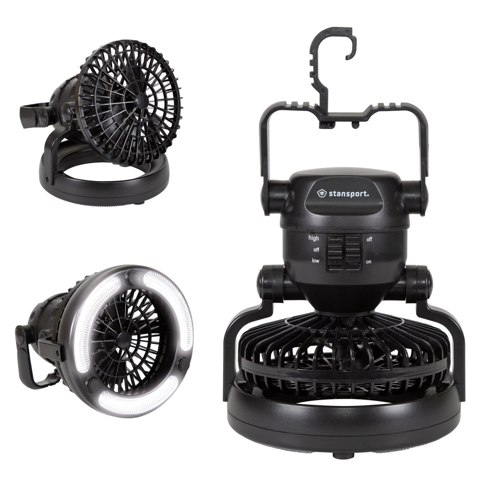 Stansport 450 lantern with fan front view, bright LEDs for tent lighting