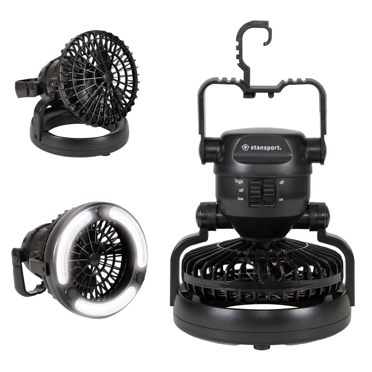 Stansport 450 lantern with fan front view, bright LEDs for tent lighting