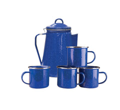 Stansport enamel percolator coffee pot with durable enamel finish for outdoor use.