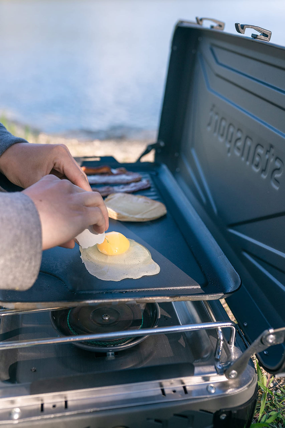 Stansport non-stick griddle burgers sear quickly with minimal oil.