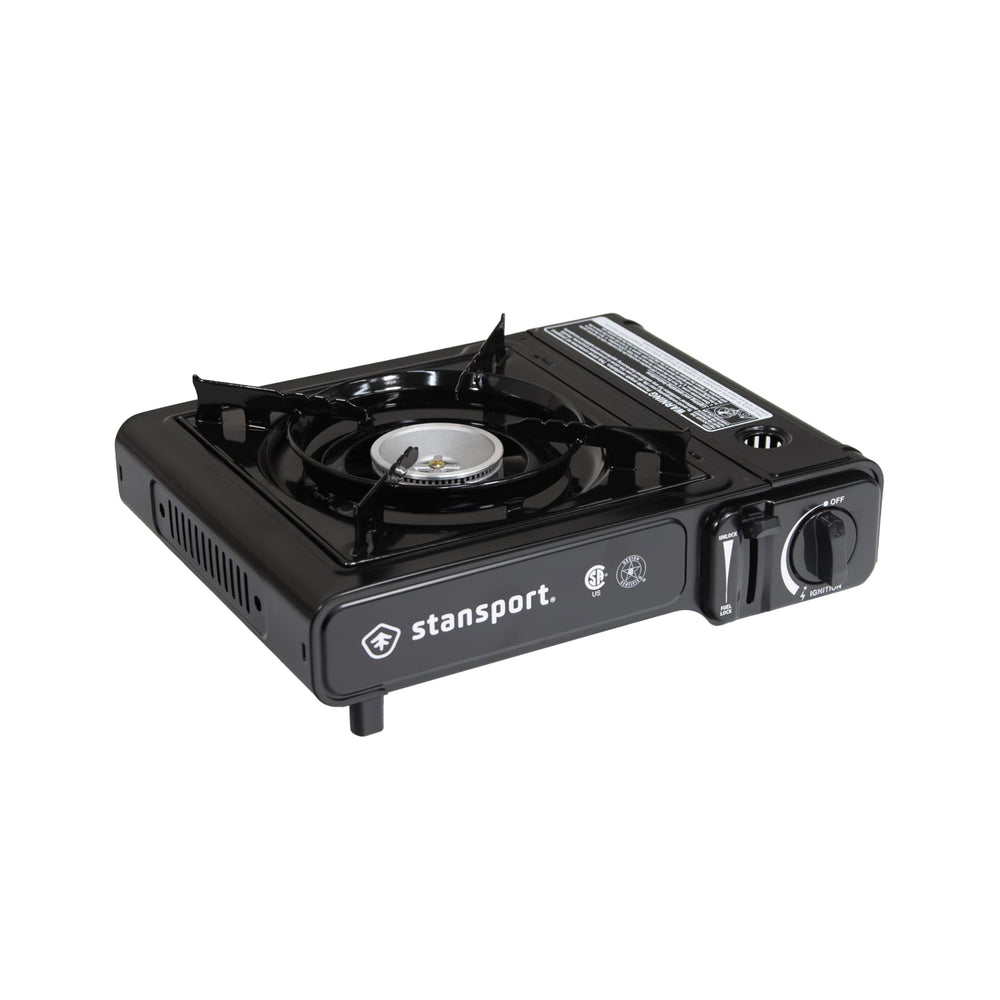 Stansport portable stove ignition close-up showing easy electronic start.