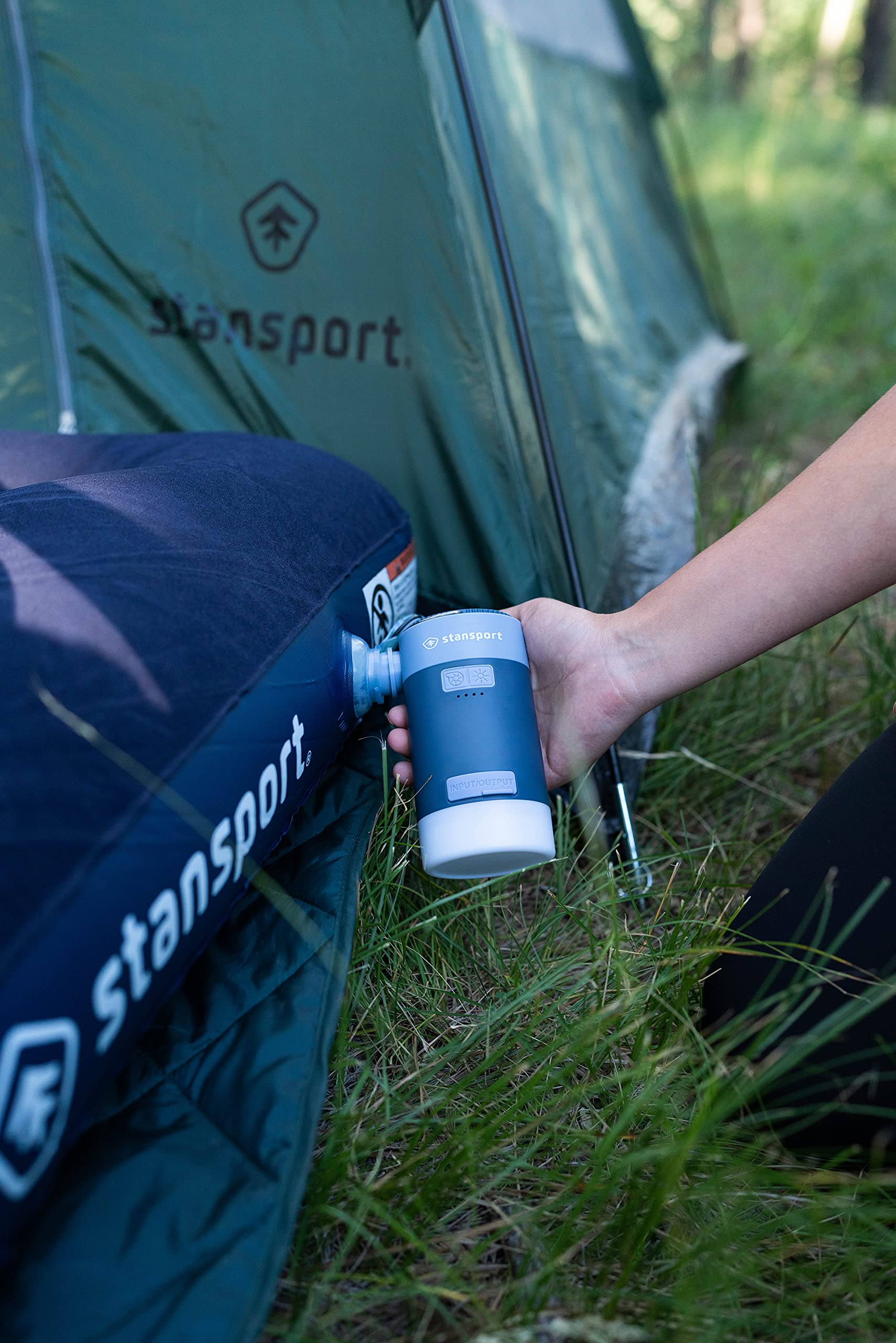 Stansport solar lantern pump inflates mattresses quickly during camping.
