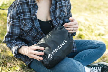 Stansport Stuff Bag small shows a secure drawstring closure for easy use.