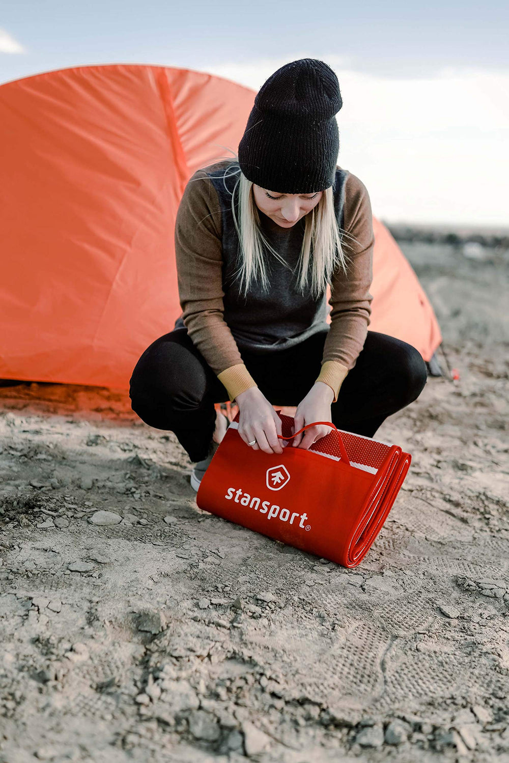 Stansport Tatami Ground Mat red, extended 60x78 inch size covers ample seating area.