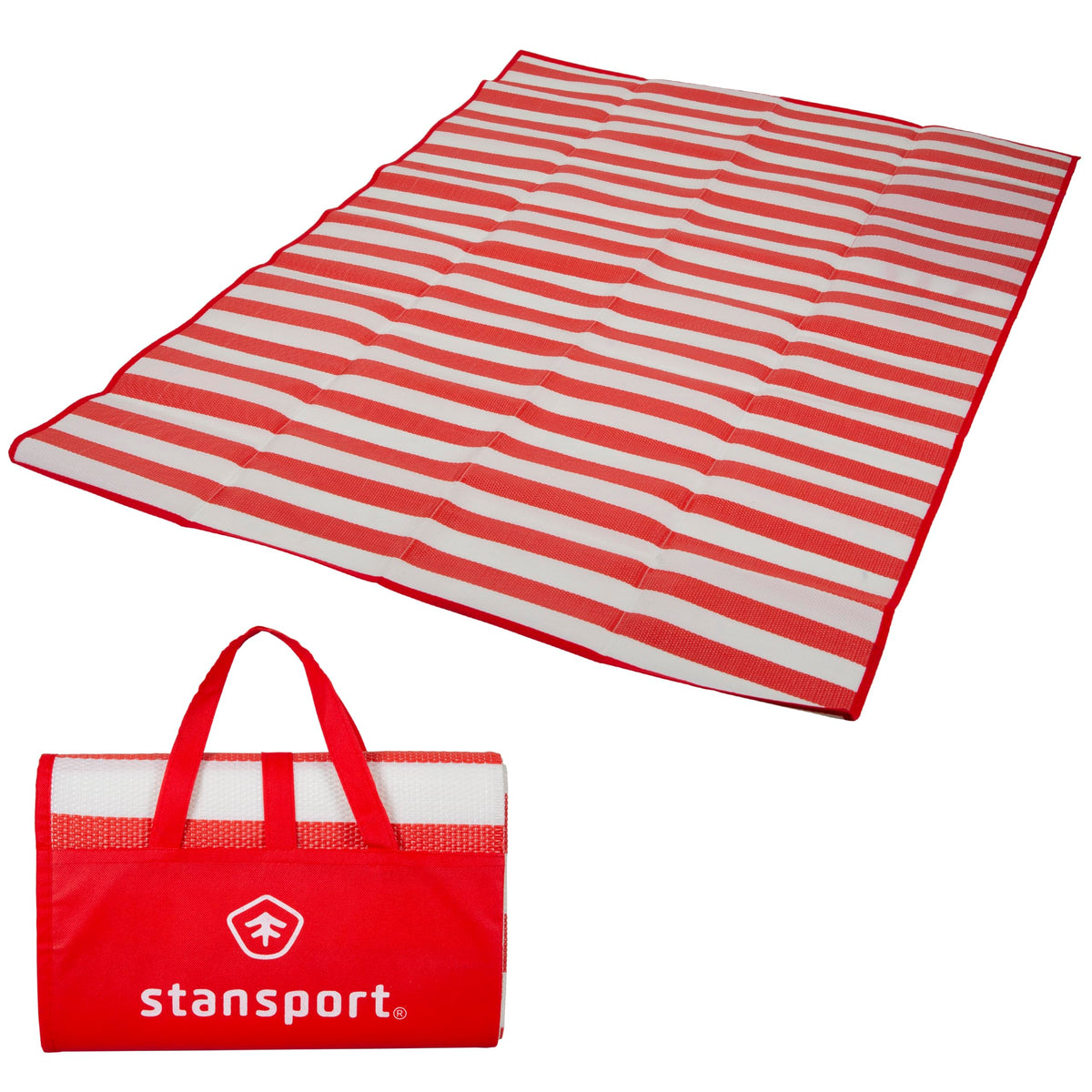 Stansport Tatami Ground Mat red, fully deployed for versatile outdoor lounging and sand protection.