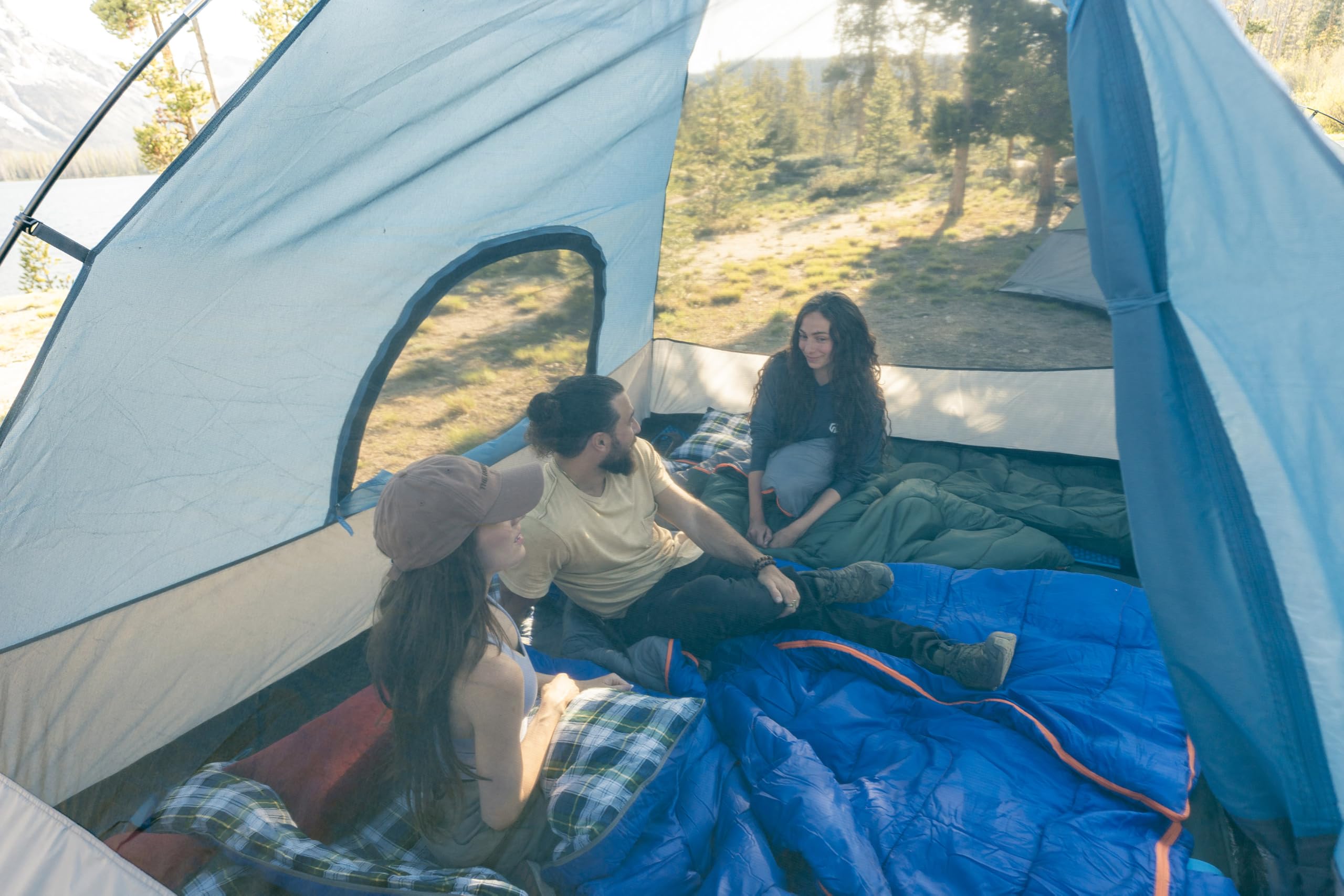 Stansport Trinity River Dome Tent D-style door with mesh window for easy access.