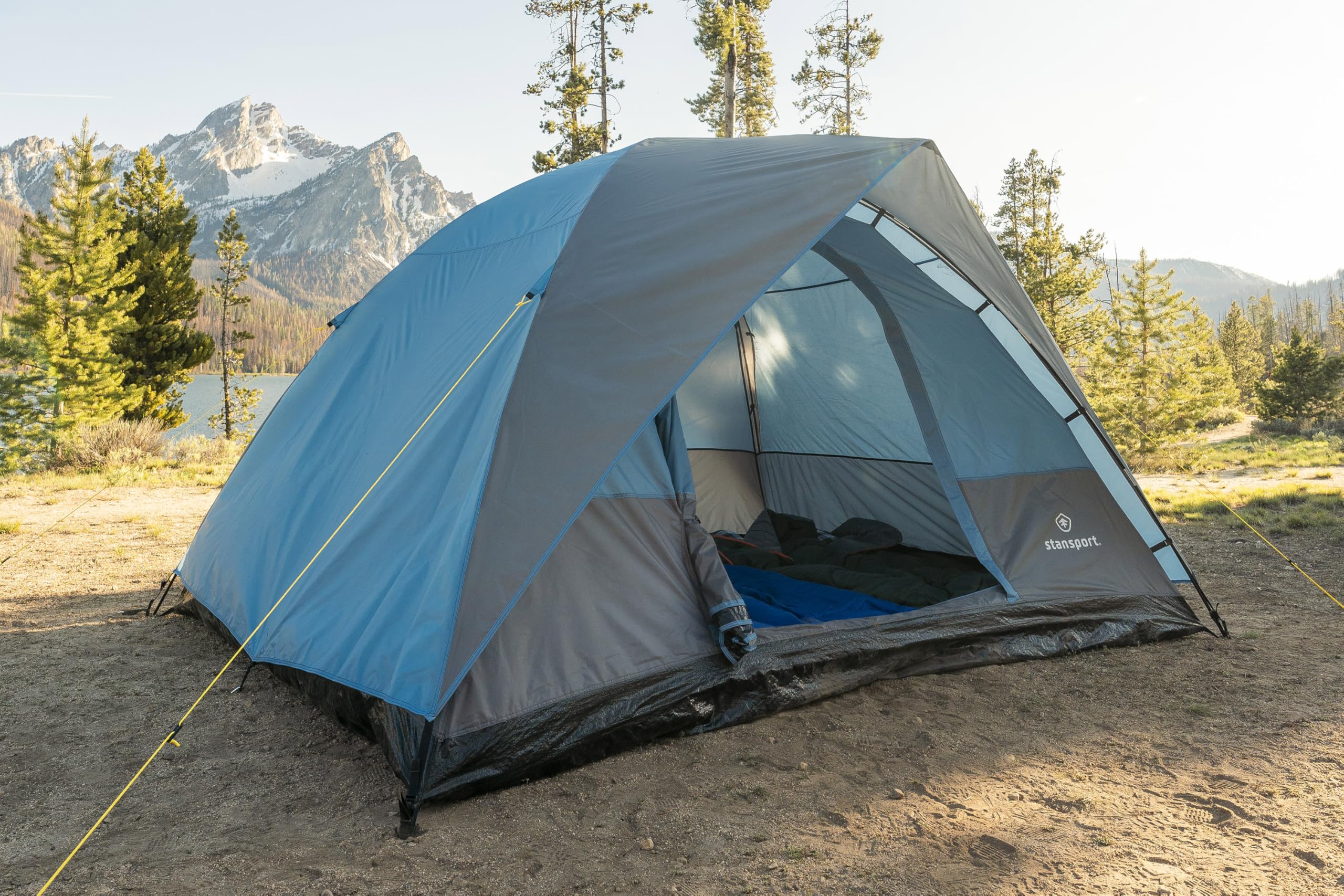 Stansport Trinity River Dome Tent removable ridgepole reveals upper mesh panels for airflow.