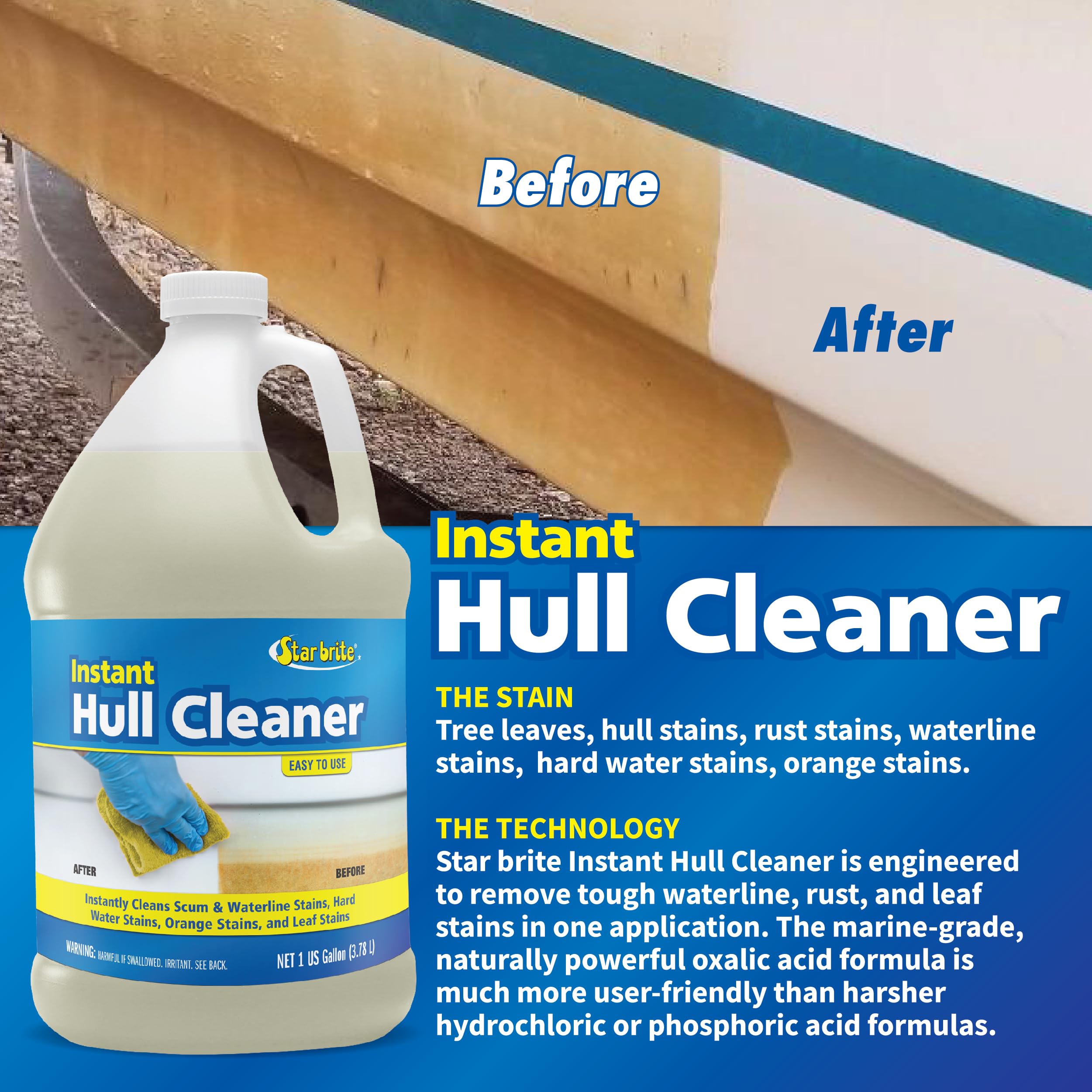STAR BRITE Hull Cleaner close-up shows rust and grime removal from fiberglass