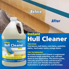STAR BRITE Hull Cleaner close-up shows rust and grime removal from fiberglass