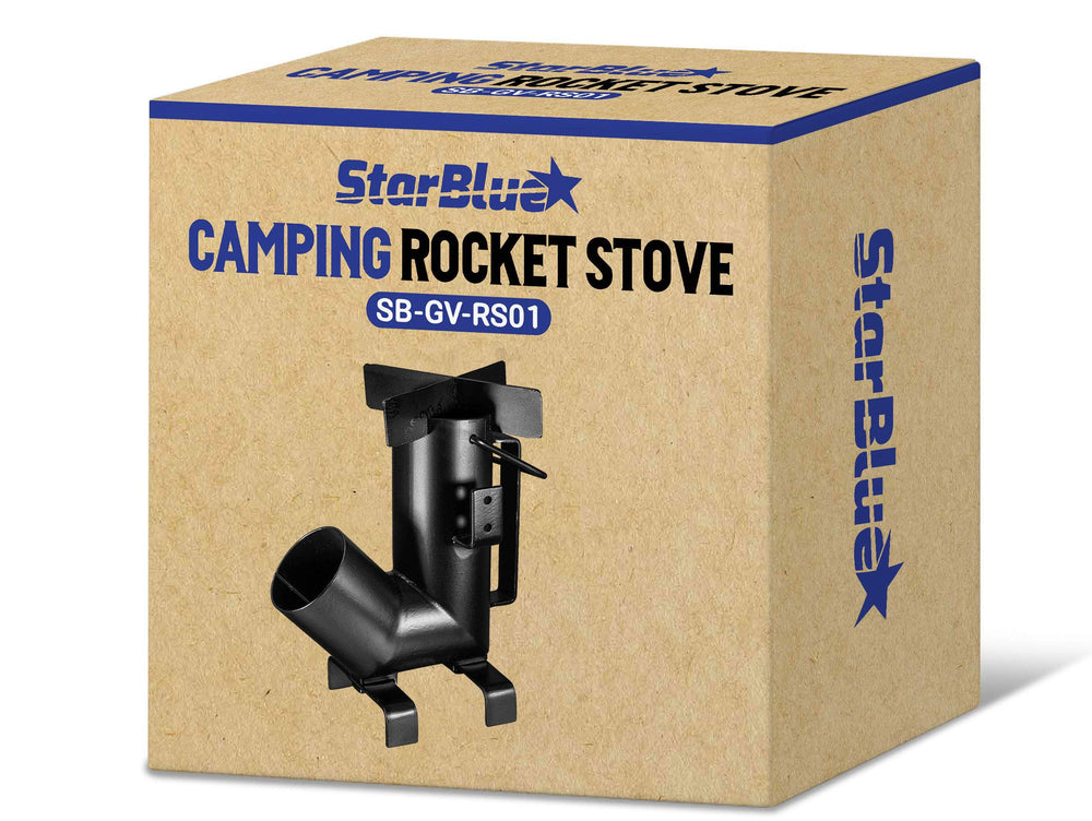 StarBlue Camping Rocket Stove in action with wood fire for meal prep