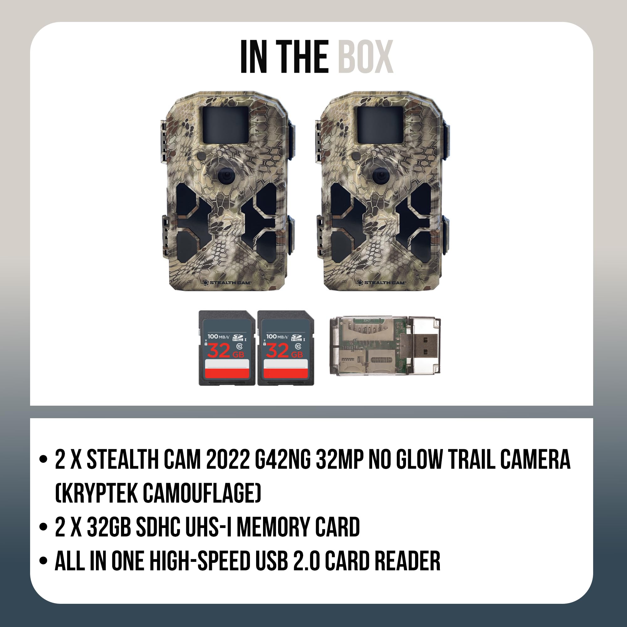Stealth Cam bundle includes 32GB memory cards and a USB reader for quick setup