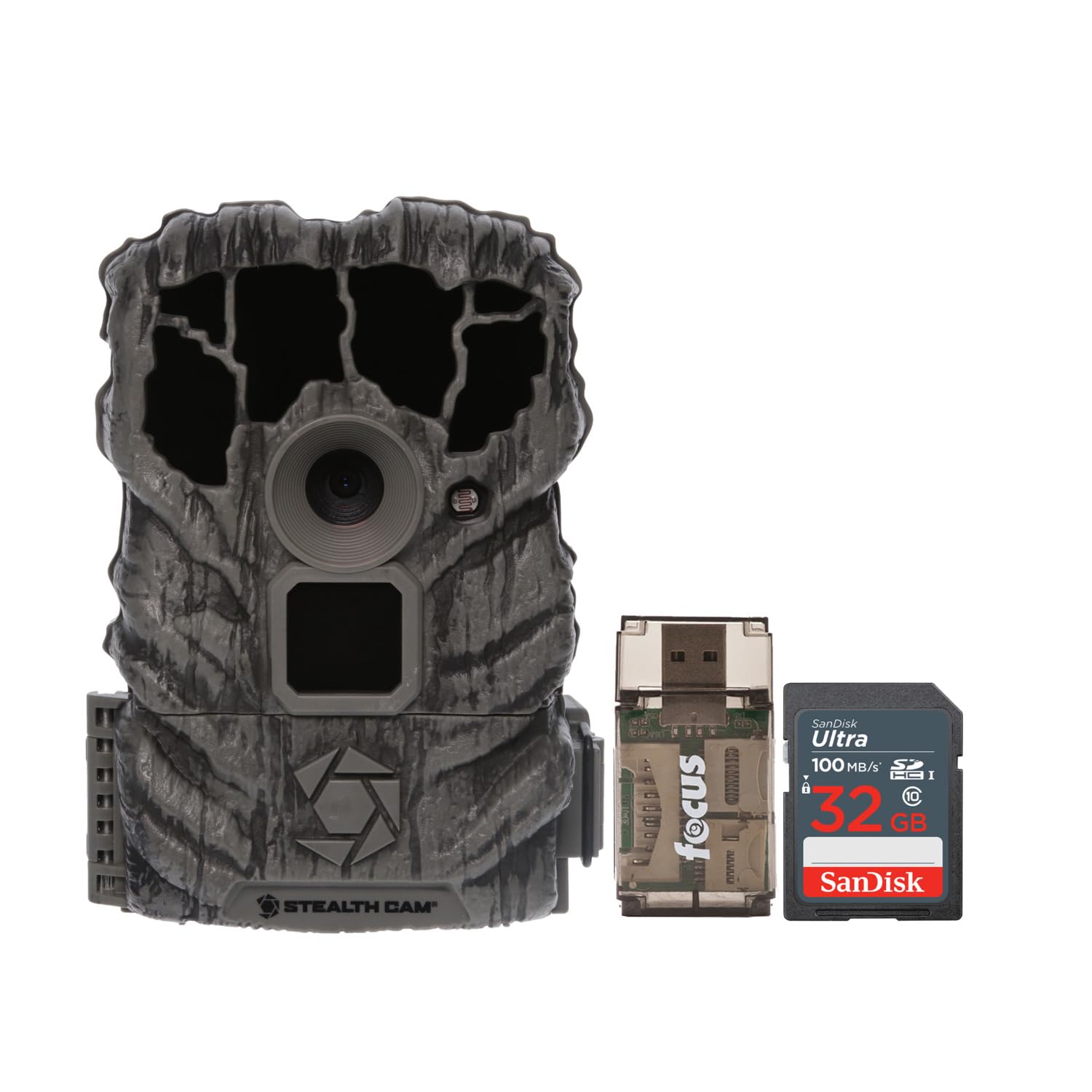 Stealth Cam Browtine front view shows rugged trail camera for field monitoring.