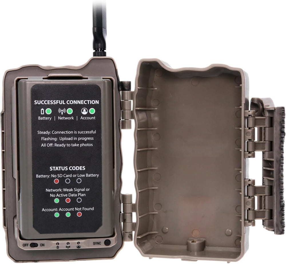 Stealth Cam Deceptor Max dual SIM cards image indicates seamless AT&T and Verizon connectivity.