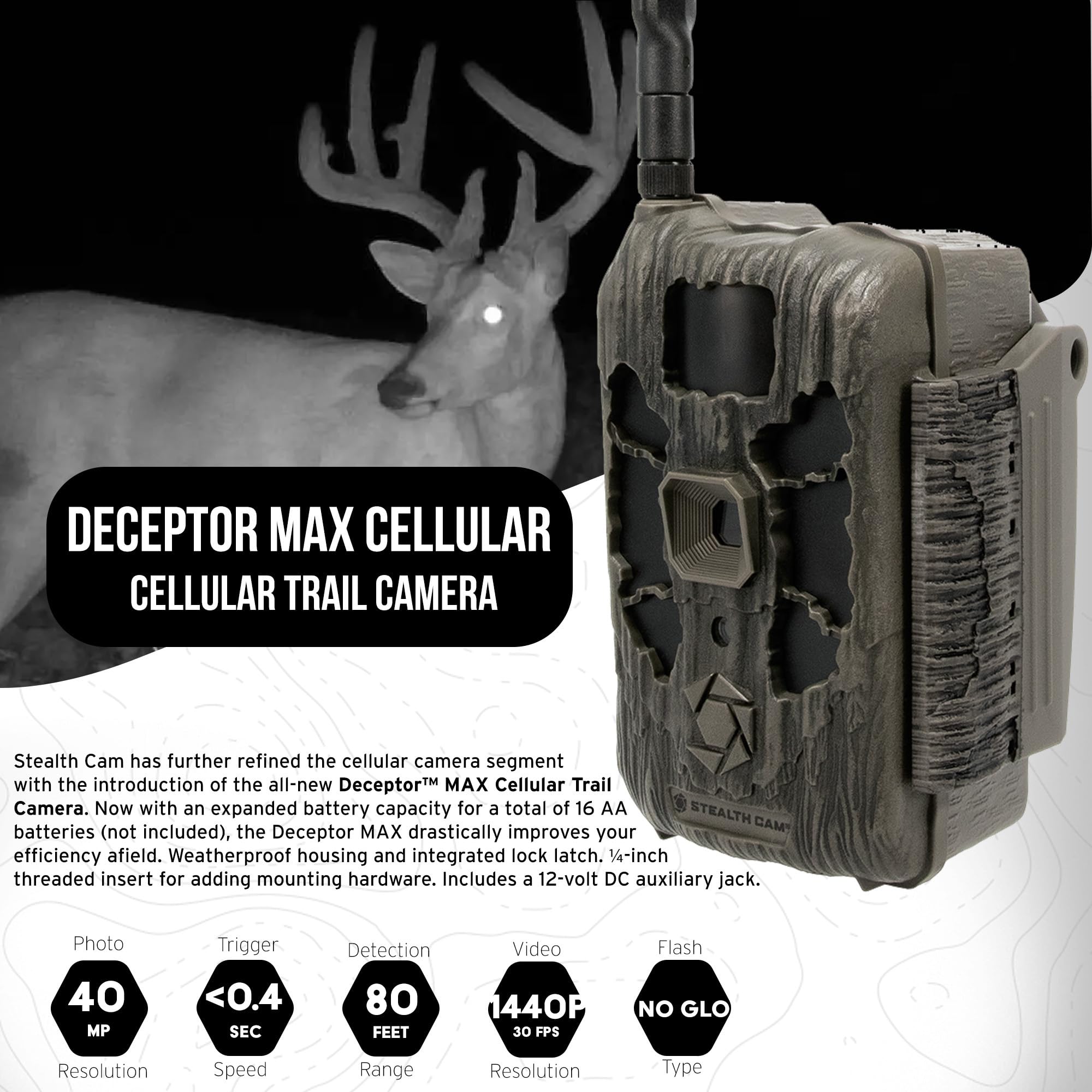 Stealth Cam Deceptor Max No-Glo LED close-up shows discreet night illumination for covert footage.