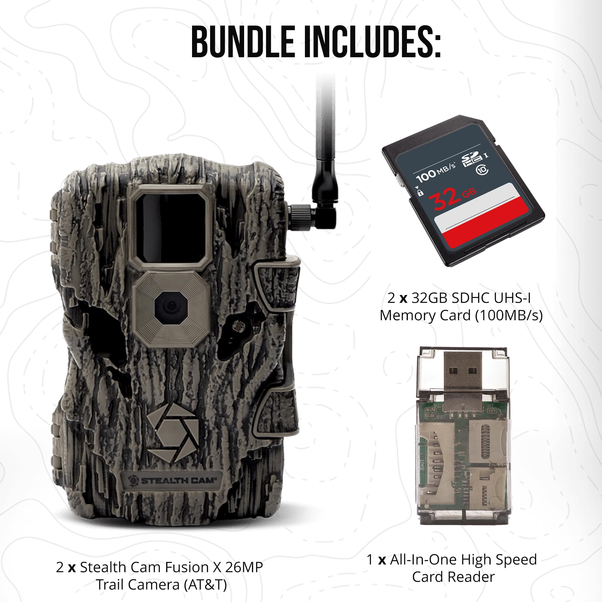 Stealth Cam Fusion X 26MP with antenna up showing strong cellular signal for transfers