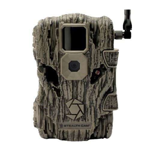 Stealth Cam Fusion X 26MP trail camera side view highlighting compact weather-ready outdoor use
