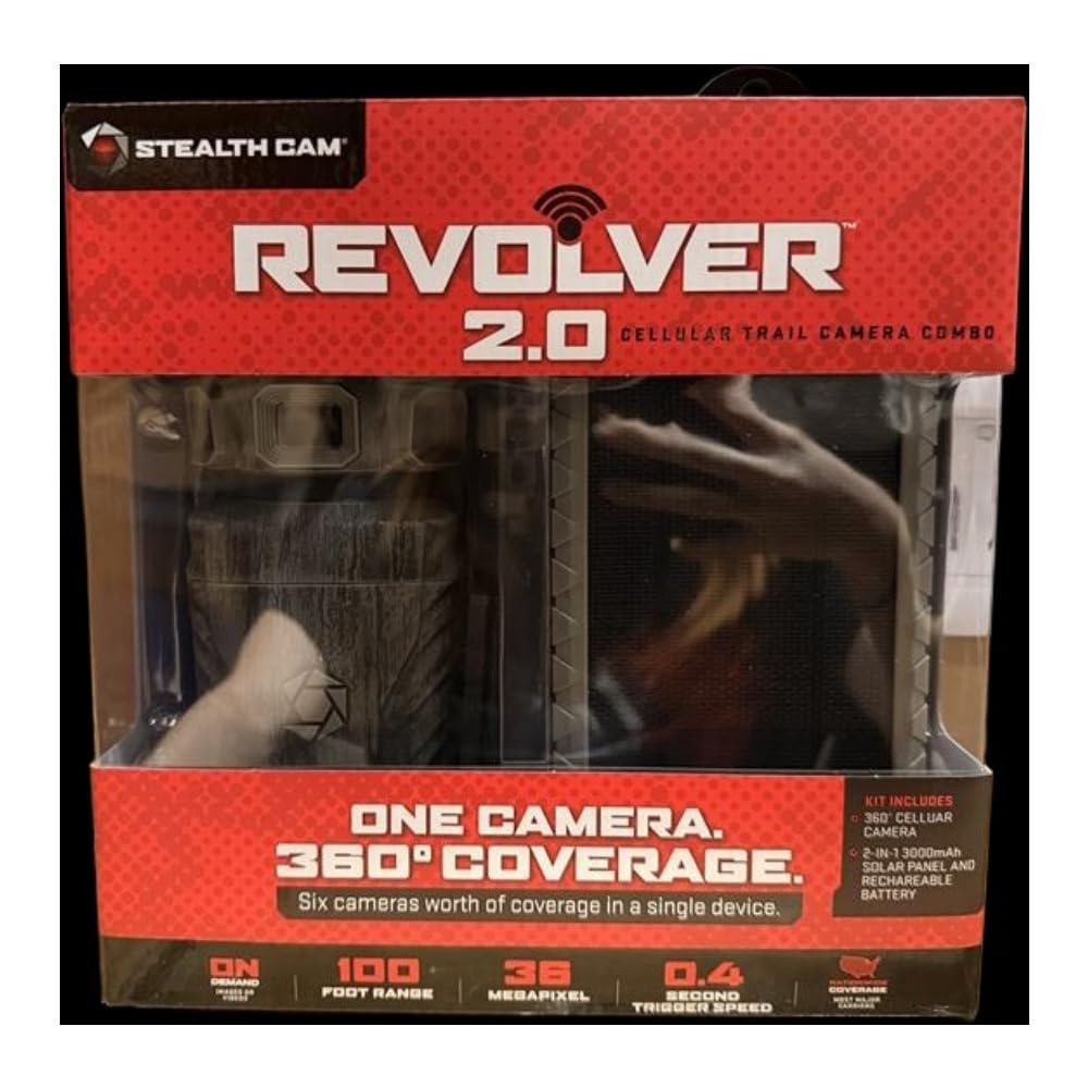 Stealth Cam Revolver Pro 2.0 solar battery pack powers long-term use.