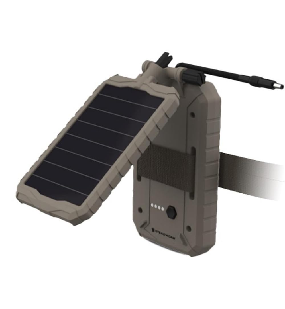 Stealth Cam Sol-Pak panel assembly shows sun-powered 12V output for wireless trail cameras.
