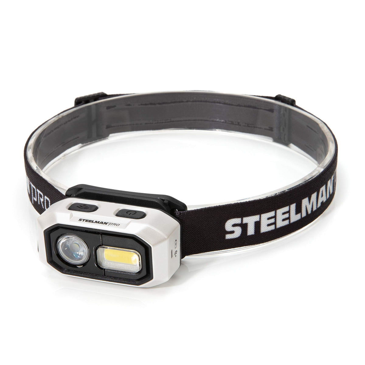 Steelman Pro 300-lumen headlamp worn on head for hands-free illumination.