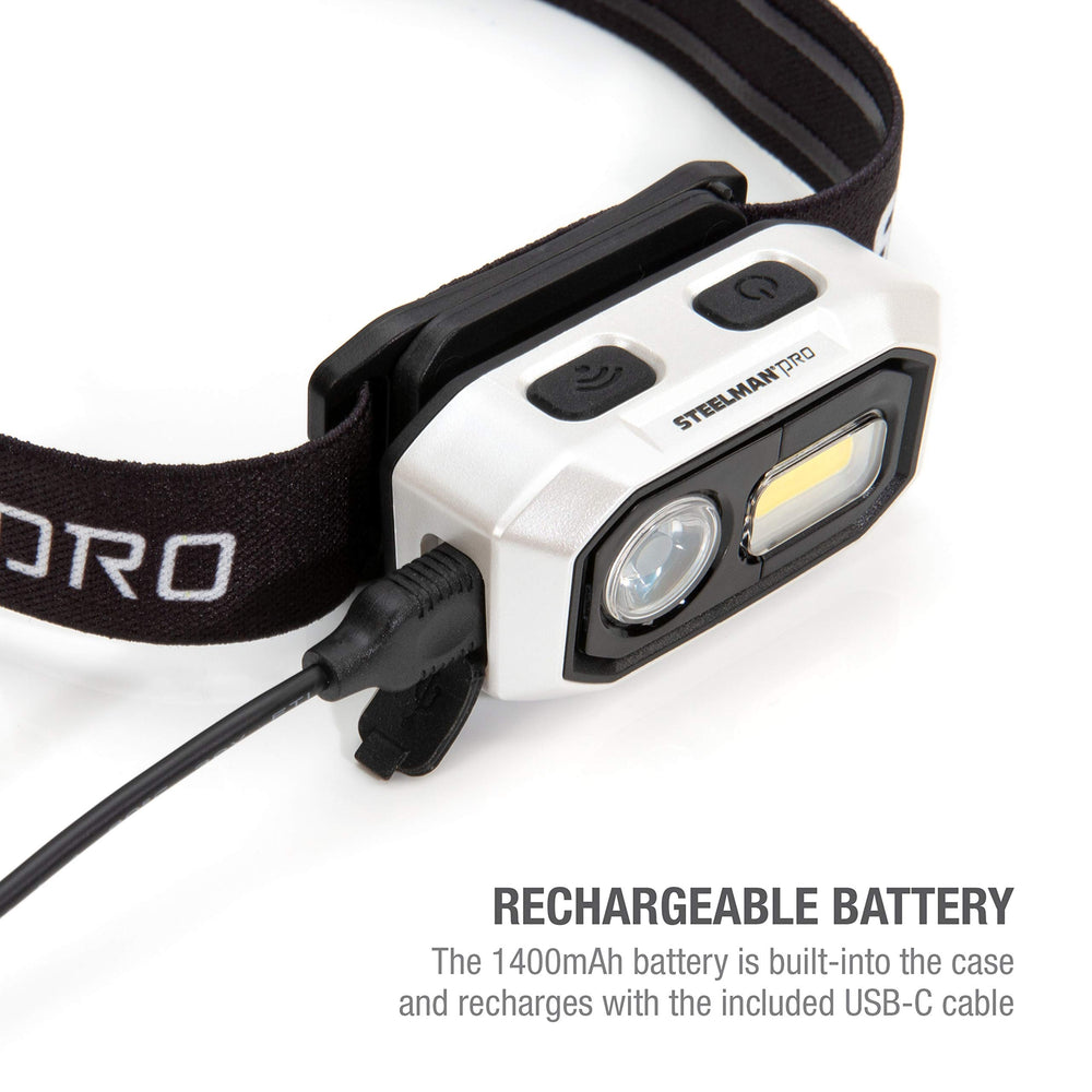 Steelman Pro headlamp low mode provides long runtime at 90 lumens.