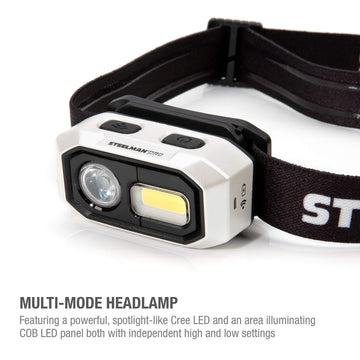 Steelman Pro headlamp motion sensor activates hands-free lighting.