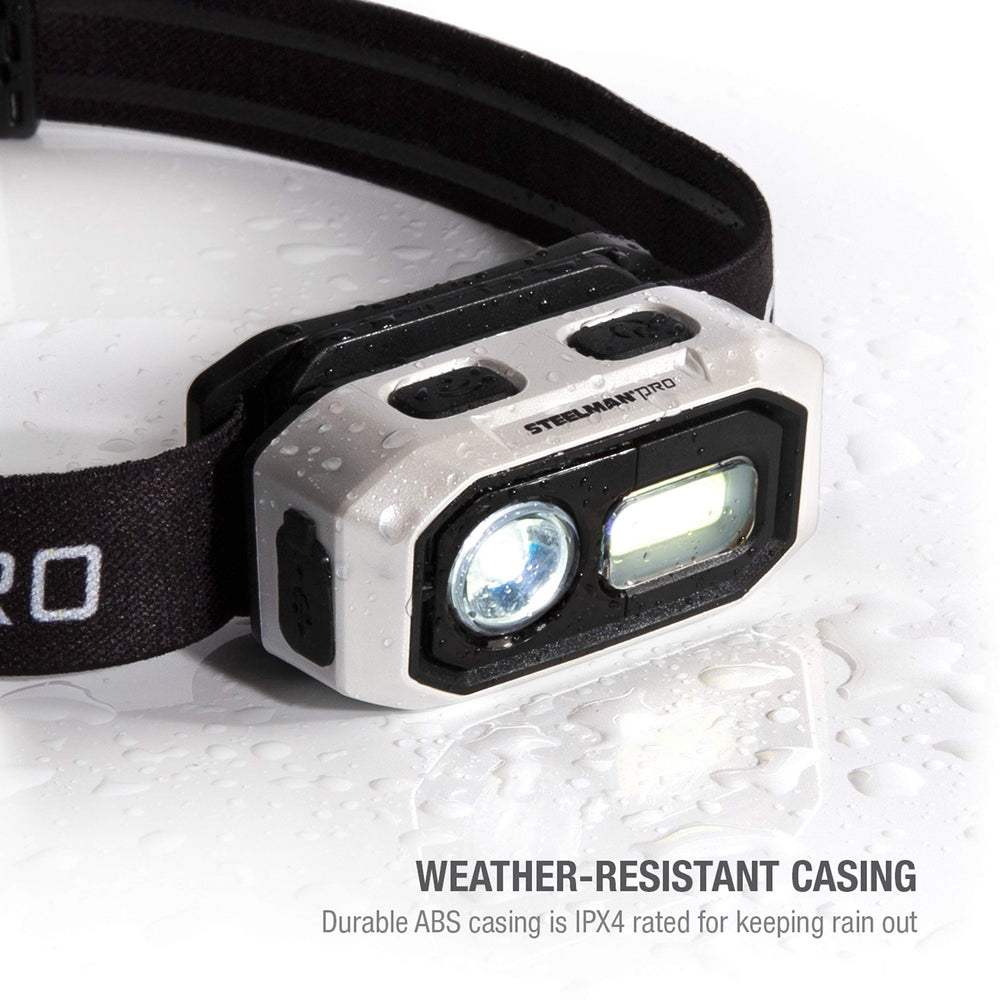 Steelman Pro headlamp built-in 1400mAh battery with USB-C recharge.