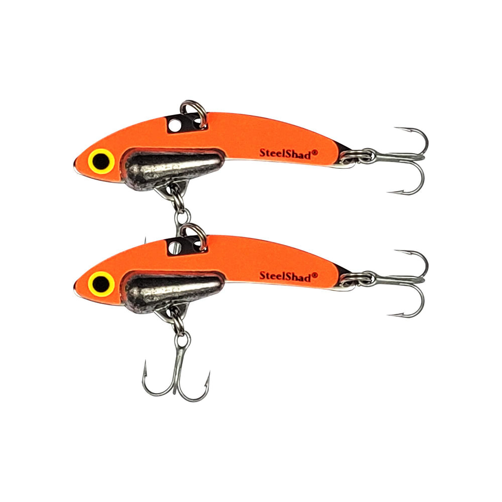 SteelShad Mini Glow Orange 1/4 oz lure front view glowing for day and night performance.