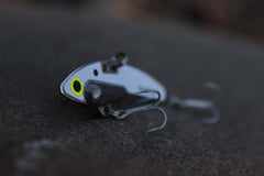 Close view of SteelShad Mini White Shad lipless crankbait and hooks