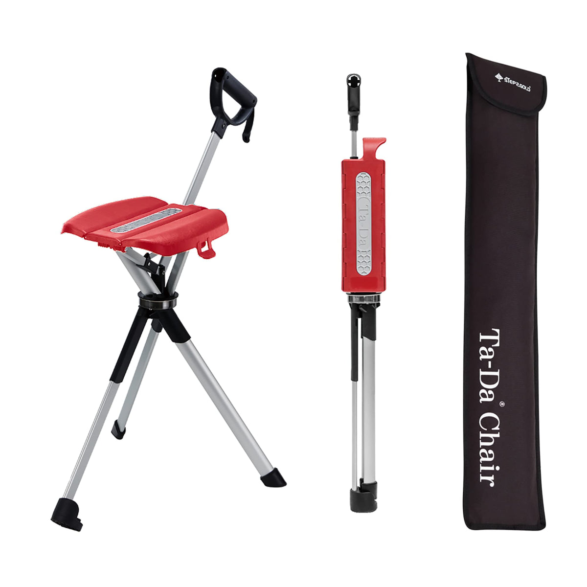 STEP2GOLD Ta-Da Chair Series 2 hiking-stick in use as a comfortable trail seat.