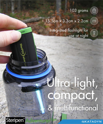 SteriPen Adventurer Opti shows included CR123 batteries for ready-to-use purification.