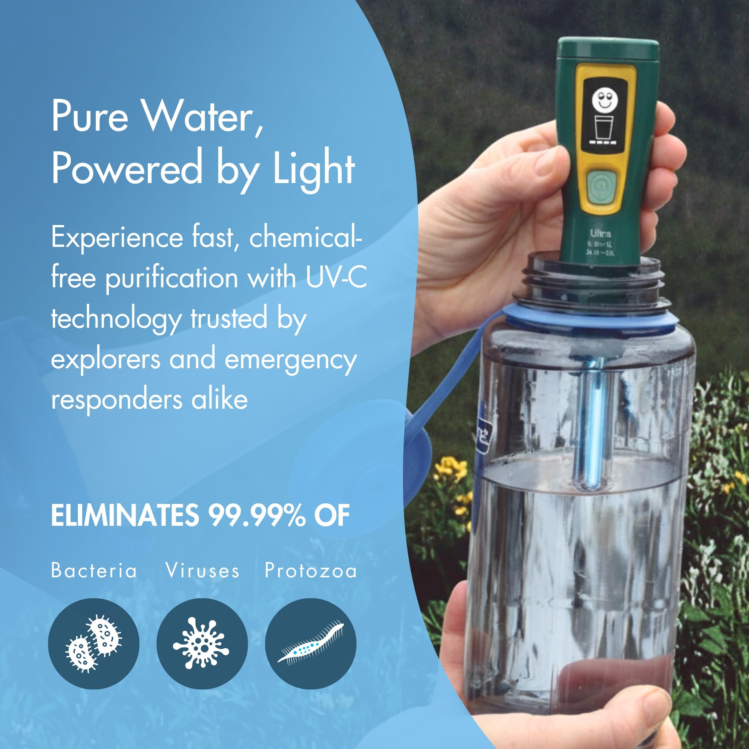 SteriPen Ultra UV-C lamp glowing during purification