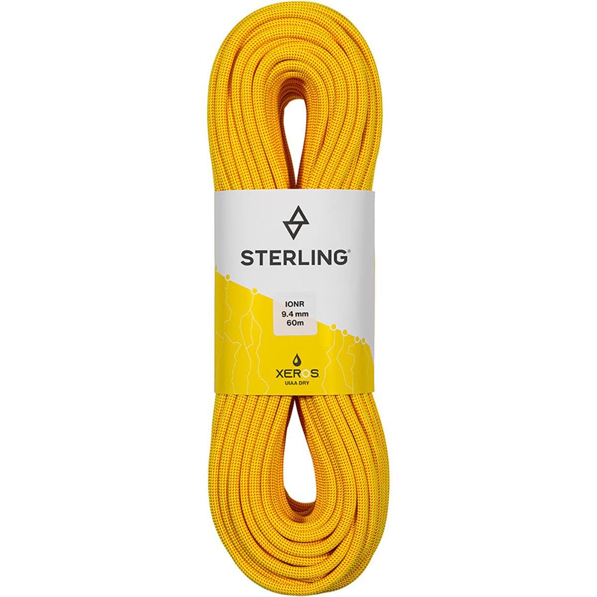 Sterling Ropes Ion R 9.4 XEROS yellow rope with smooth sheath for easy clipping and durable performance.