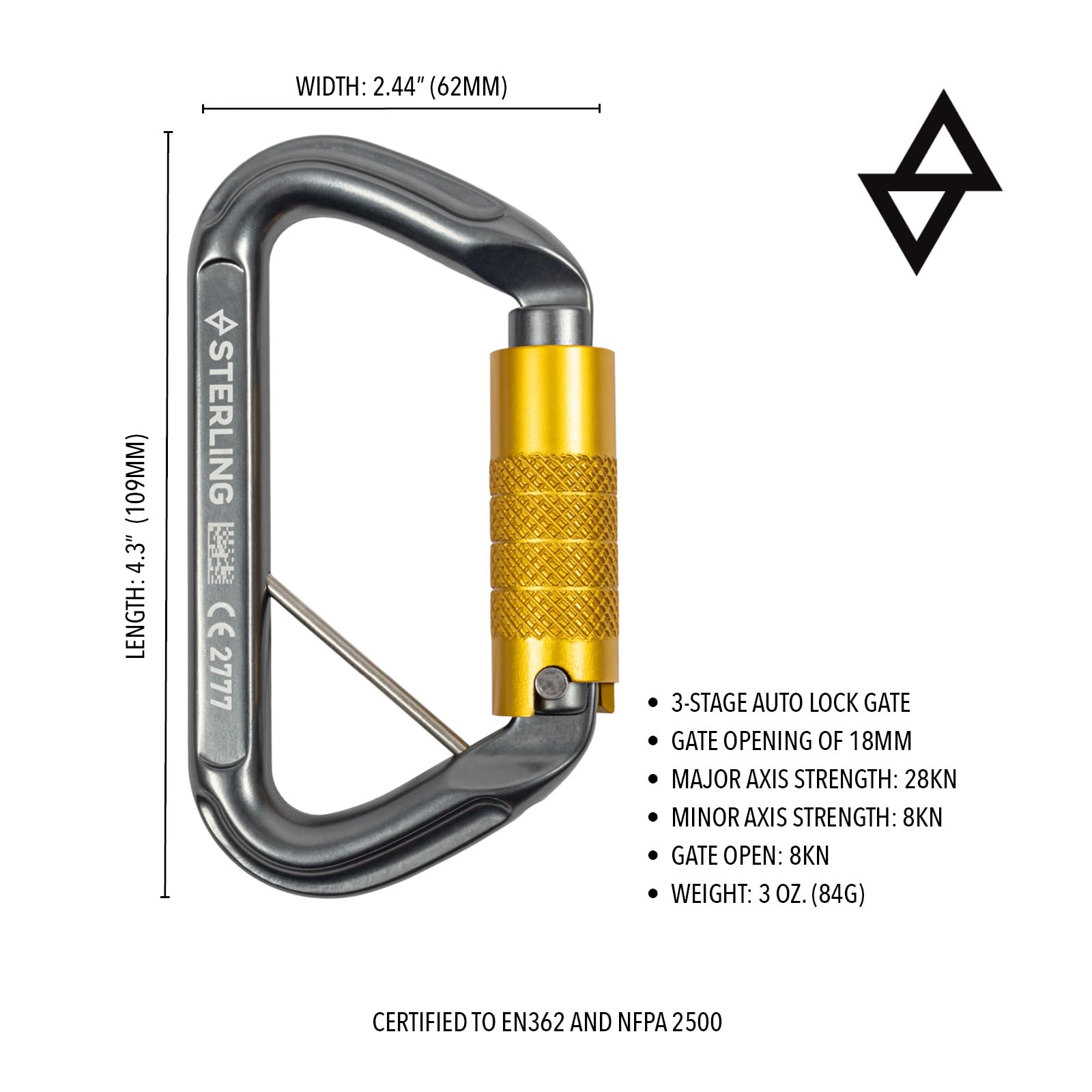 Sterling Safe D Autolock carabiner compact dimensions support lightweight field use.