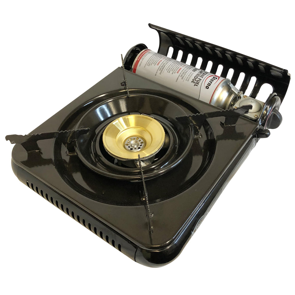Sterno stove with piezo ignition and safety lock ensures reliable ignition and safer outdoor cooking.