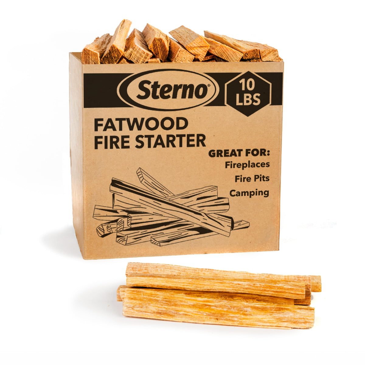 Sterno Fatwood fire starter sticks in a 10lb box for fast indoor or outdoor lighting
