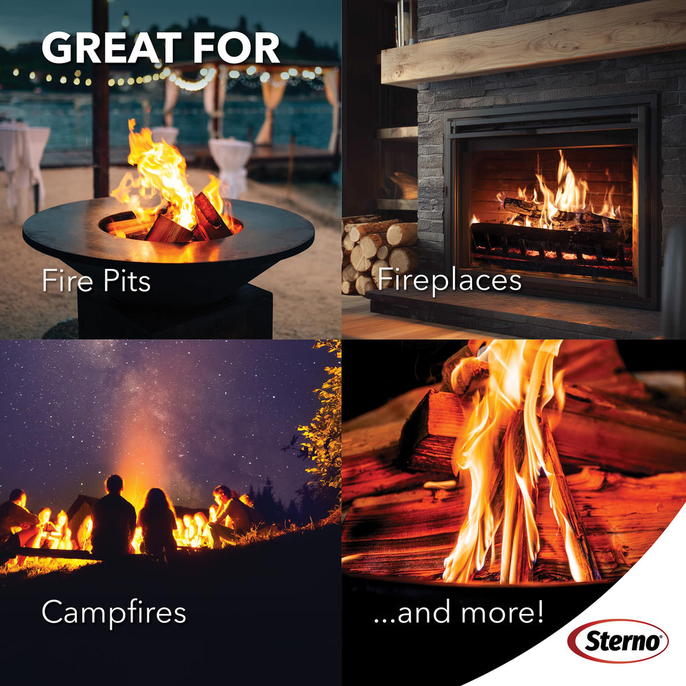 Sterno Fatwood fire starters on a fireplace mantle illustrate indoor use and quick ignition