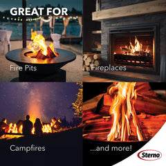 Sterno Fatwood fire starters on a fireplace mantle illustrate indoor use and quick ignition