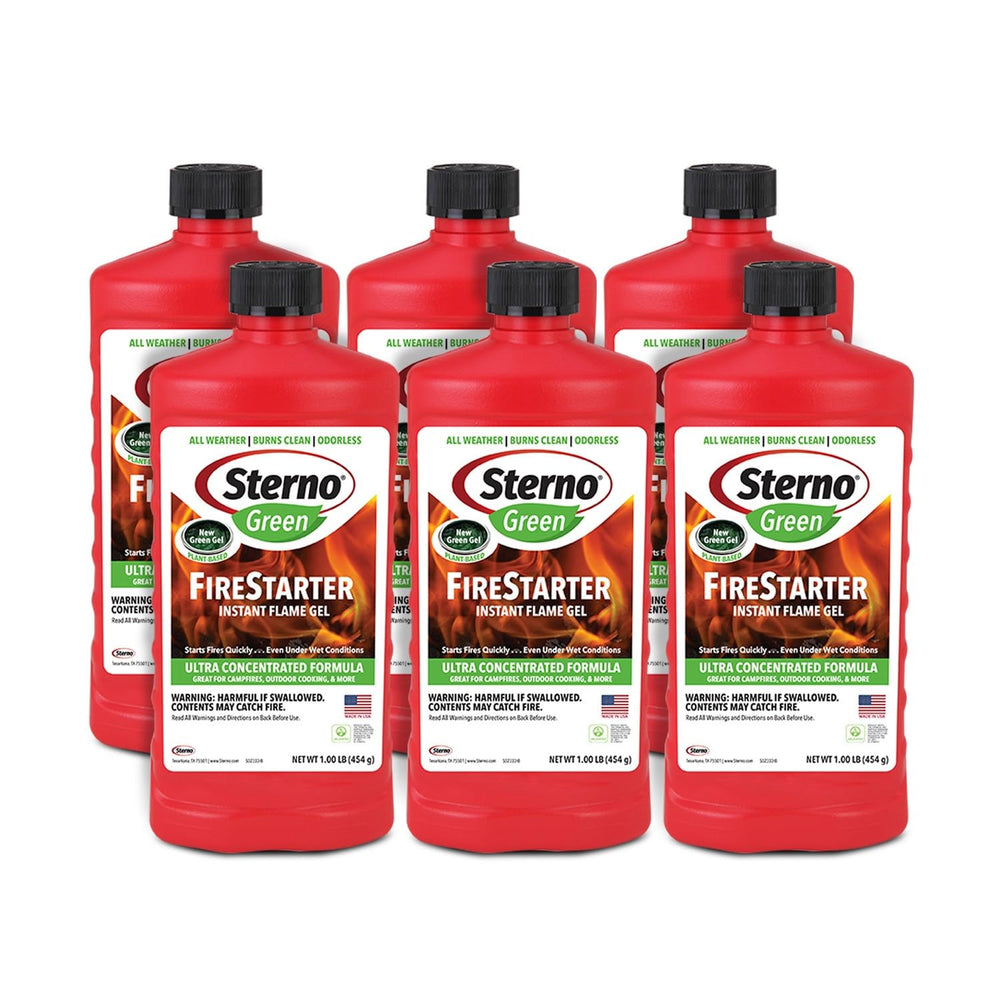 Sterno Fire Starter Gel bottle pouring to ignite an instant flame.