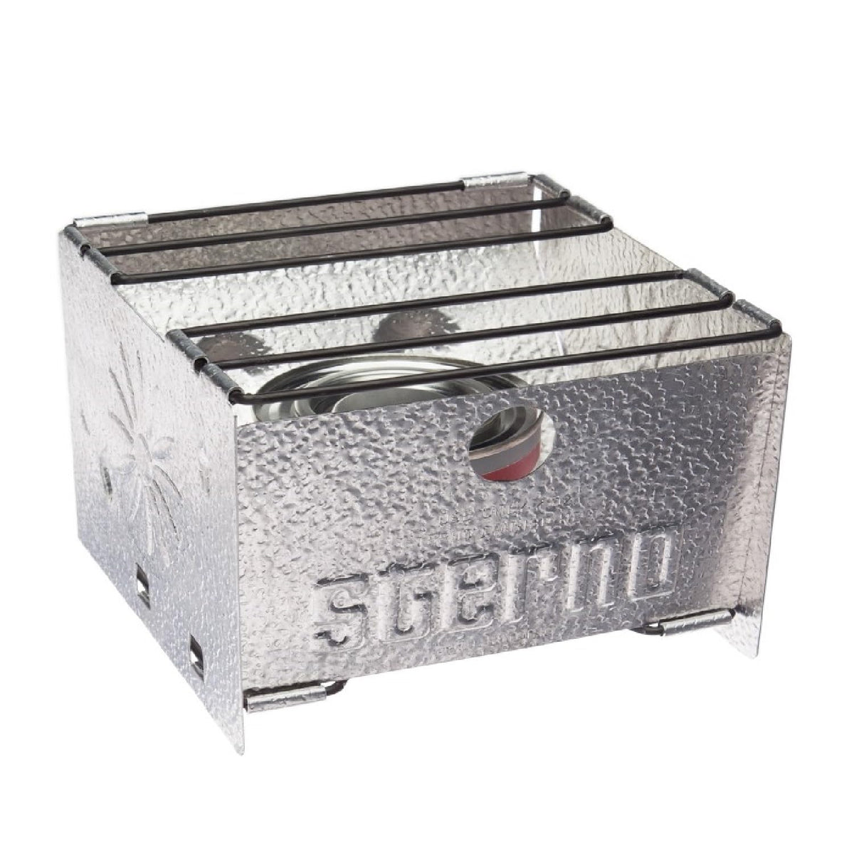 Sterno foldable stove setup shows portable outdoor meals perfect for camping and picnics.
