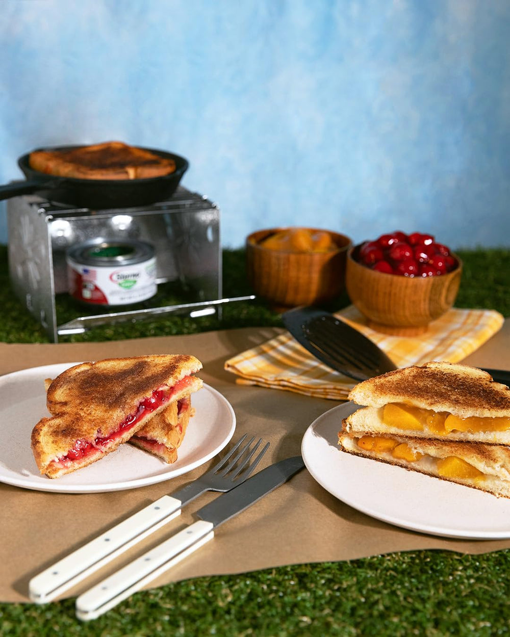 Sterno green-canned-heat provides clean, steady heat for outdoor cooking.