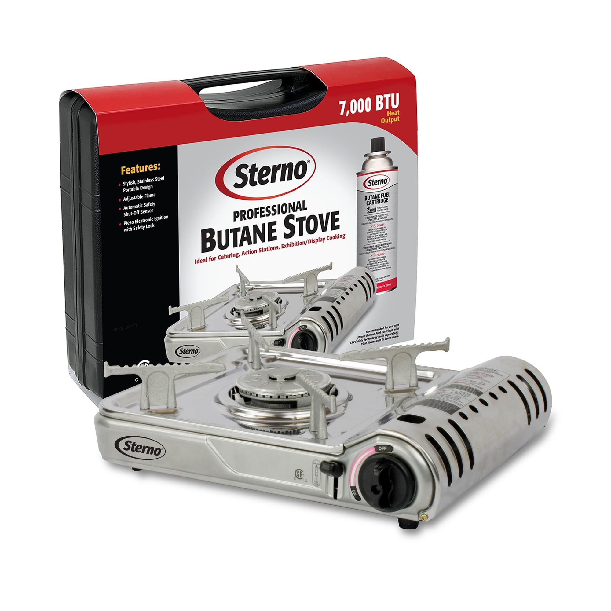 Sterno portable camping stove with stainless burner ready for outdoor cooking.
