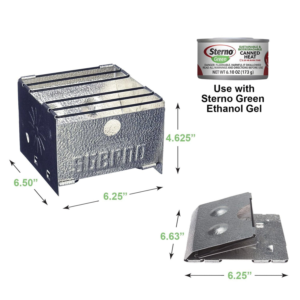 Sterno portable camping stove enables quick meals at campsites and parks.