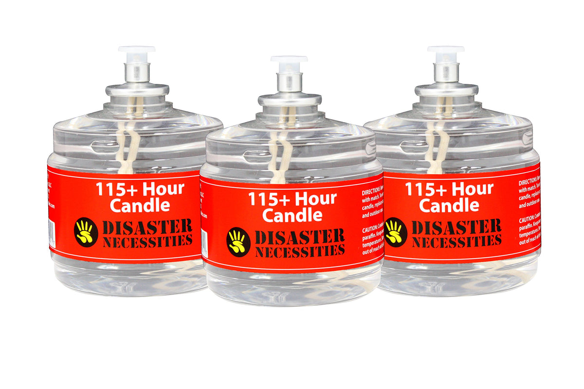 Sterno disaster-necessities 115-hour emergency candle close-up with cap to prevent evaporation.